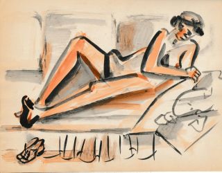John Begg Black & Orange Art " Prone Nude Lady,  High Heels Off " 1940s
