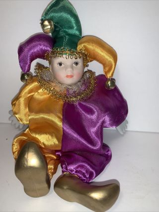 Mardi Gras 10” Jester Clown Doll Porcelain Head,  Hands & Feet In Purple & Orange