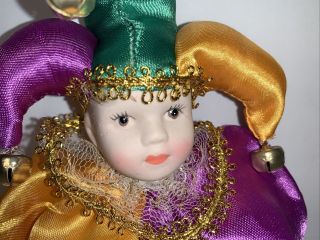Mardi Gras 10” Jester Clown Doll Porcelain Head,  Hands & Feet in Purple & Orange 2