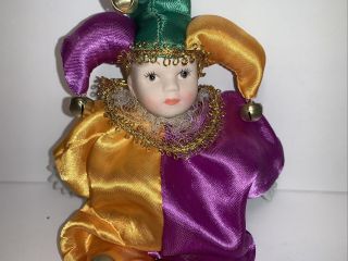 Mardi Gras 10” Jester Clown Doll Porcelain Head,  Hands & Feet in Purple & Orange 3