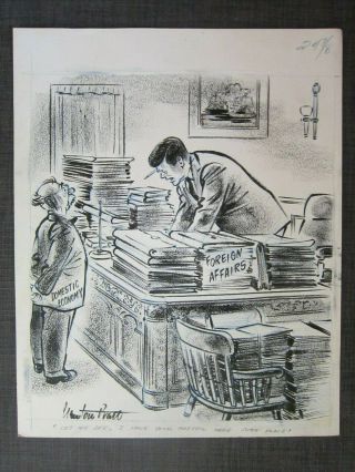 1960s Og Newton Pratt Signed Political Satire Cartoon Jf Kennedy Foreign Affairs