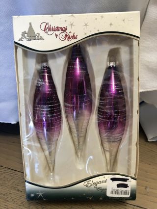 3 Christmas By Krebs Elegant Glass Teardrop Ornaments Purple W/ Silver Glitter