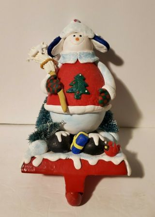 6 " Snowman Christmas Stocking Hanger Holder Resin W/ Red Cast Iron Base