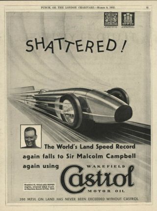 Rare Castrol Motor Oil Malcolm Campbell Racing Legend [blue Bird] Advertisement