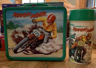 1973 Aladdin Rough Rider 3d Metal Lunch Box And Thermos