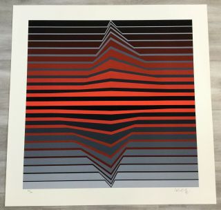 Mid Century Modern Unframed Op Art Black & Red Lines Victor Vasarely Hand Signed