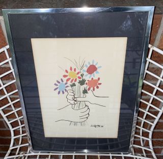 Pablo Picasso “bouquet Of Peace” Vintage Mid Century Print Framed 1958 12.  5x16.  5