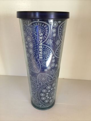 Rare Starbucks Blue Bandanna Print Flower Venti Cold Cup Tumbler 24 Oz