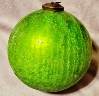 Large 7 " Heavy Kugel Style Green Glass Ornament Glittery Crackle Design,  2.  5 Lbs