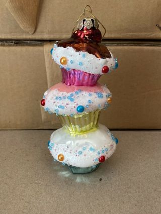 Colorful Cupcakes & Glitter Sprinkles European Blown Glass Christmas Ornament