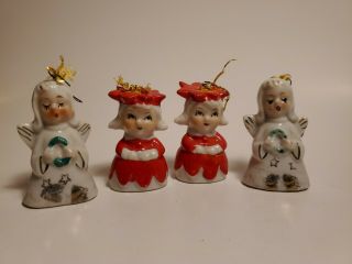 Vintage Christmas Angel Poinsettia Girls Mini Porcelain Bell Ornaments Japan