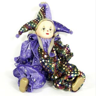 Mardi Gras 10” Jester Clown Doll Porcelain Head & Hands Purple & Gold Outfit