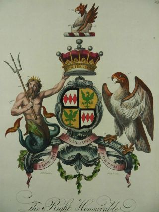 English Crest John Montagu 4th Earl Of Sandwich Neptune Engraving Edmondson 1765