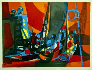 Mid - Century Signed French Marcel Mouly Cubism Abstract Sail Boats Lithograph