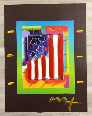Mid Century Modern Unframed Flag Heart Blends Peter Max Signed Mixed Media Litho