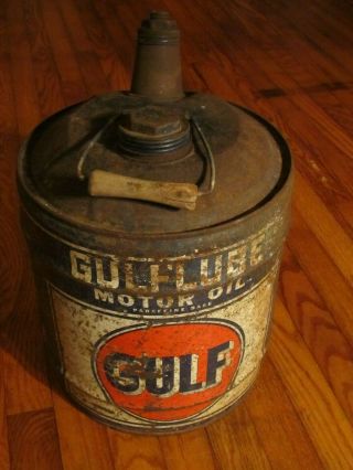 Vintage Antique Gulf Oil Gulflube Motor Oil 5 Gallon Oil Can