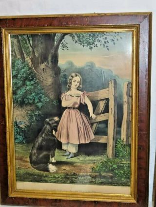 Currier And Ives " Begging A Crust " Framed Antique Print Young Girl With Dog