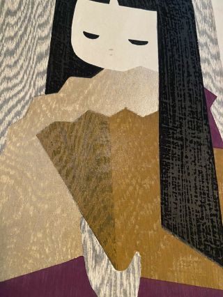 RARE Signed Kaoru Kawano Japanese Color Woodblock Print Girl w/ Fan 4