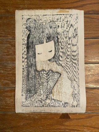 RARE Signed Kaoru Kawano Japanese Color Woodblock Print Girl w/ Fan 5