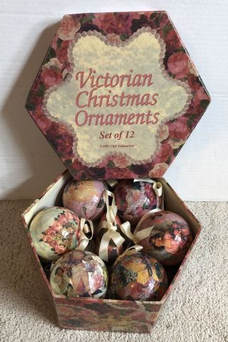 Vtg.  1995 Boxed Set Of 12 Victorian Decoupage Ornaments Santa Angels Hearts