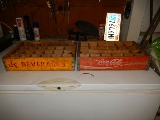 1 Red Wooden Wood Coca - Cola Soda Crate And 1 Yellow Jk 24 Pack Bottles