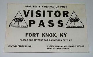 1980 Us Army Fort Knox Armor Ctr Military Police Issue Visitor Pass Map Tank Apc