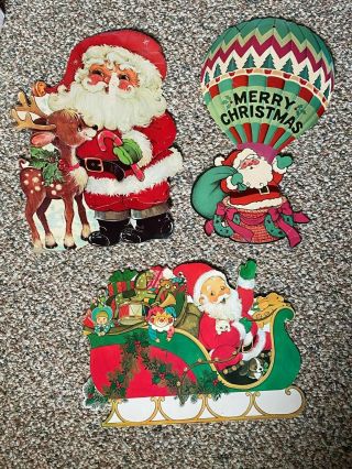3 Vintage Christmas Die Cut 2 Sided Cardboard Santa Decorations