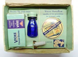 1930s - 1940s Vicks Mother Sample Box Cough Drops Cobalt Blue Bottle Vapo - Rub Tin