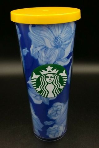 Starbucks Tumbler Cold Cup Blue Floral Cactus Flower Yellow Lid 24oz Summer