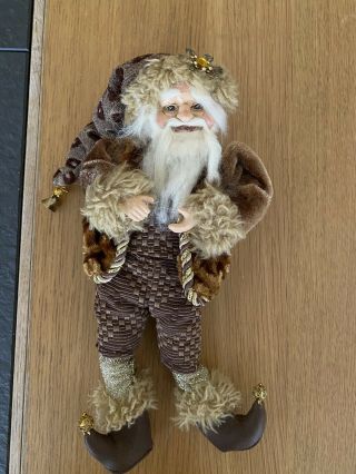 Vintage Old Elf In Brown Outfit & Coat Soft Body Hard Plastic Face Ornament 11”