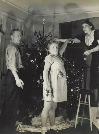 Trimming The Tree Vintage Christmas Photograph 1940s Family Hanging Ornaments
