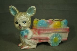 Vintage Ceramic Pottery Easter Bunny Rabbit Egg Cart Wagon Planter Pink Blue