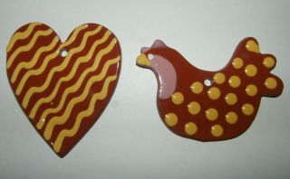 2 Vtg Handmade Redware Xmas Ornaments Bird Chicken,  Heart Folk Art Primitive