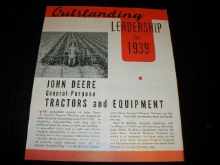 1938 John Deere Model A B & G Tractor Furrow Insert Brochure