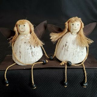 Primitive Folk Art Wood And Metal Angels Rustic Shelf Sitter Doll Figurine