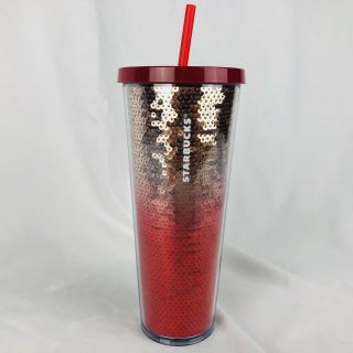 Starbucks 2018 Holiday Christmas Rose Gold Red Sequin Venti 24 Oz Tumbler