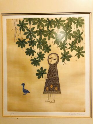 Keiko Minami Signed Etching Girl Tree Bird Hand Signed And Numbered 25/50