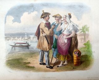 Manila,  Philippines,  People In Costumes,  Coloured Lithography From 1844