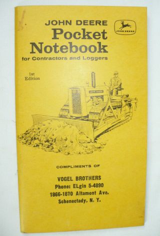 1958 / 59 " John Deere Pocket Notebook For Contractors / Loggers Collectible