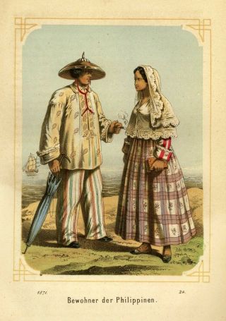 Manila,  Philippines,  People In Costumes,  Coloured Lithography From 1871