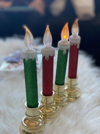 Set Of 4 Vintage Battery Operated Taper Candles Green Red Glitter Christmas