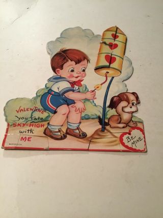 Vintage 1930 - 40s Valentine Honeycomb Boy W/ Dog & Rocket