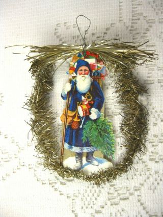 Vintage German Blue Santa Die Cut Tinsel With Lametta Tail Ornament