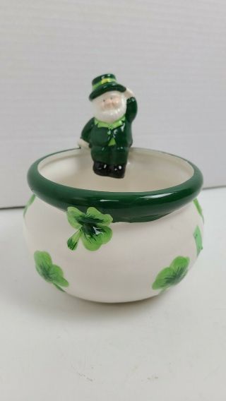 Ceramic Bowl Planter Irish Leprechaun Shamrocks St Paddy‘s Day Pot Of Gold