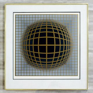 Mid Century Modern Framed Op Art Serigraph Signed By Victor Vasarely 1970s Gold