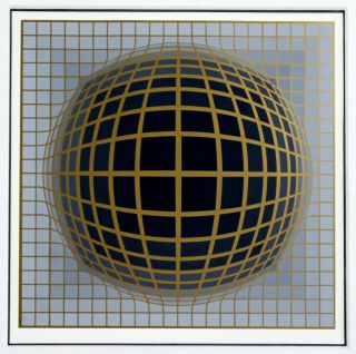 Mid Century Modern Framed Op Art Serigraph Signed by Victor Vasarely 1970s Gold 2
