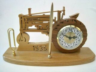 John Deere Tractor Desk Clock Handmade Carved Wood With Pen Holder & Clip
