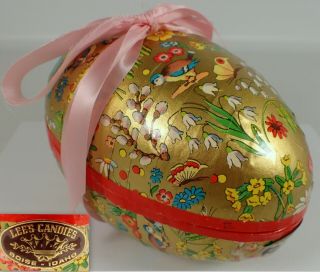 6 3/4 " Vtg German Gold Paper Mache Birds & Flowers Easter Egg Candy Container