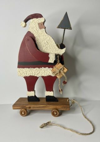 Primitive Hand Carved & Painted Folk Art Wood Jointed Santa Claus Pull Toy