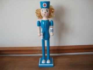 Wooden Nurse Nutcracker Blue Scrubs Medical Front Line Worker